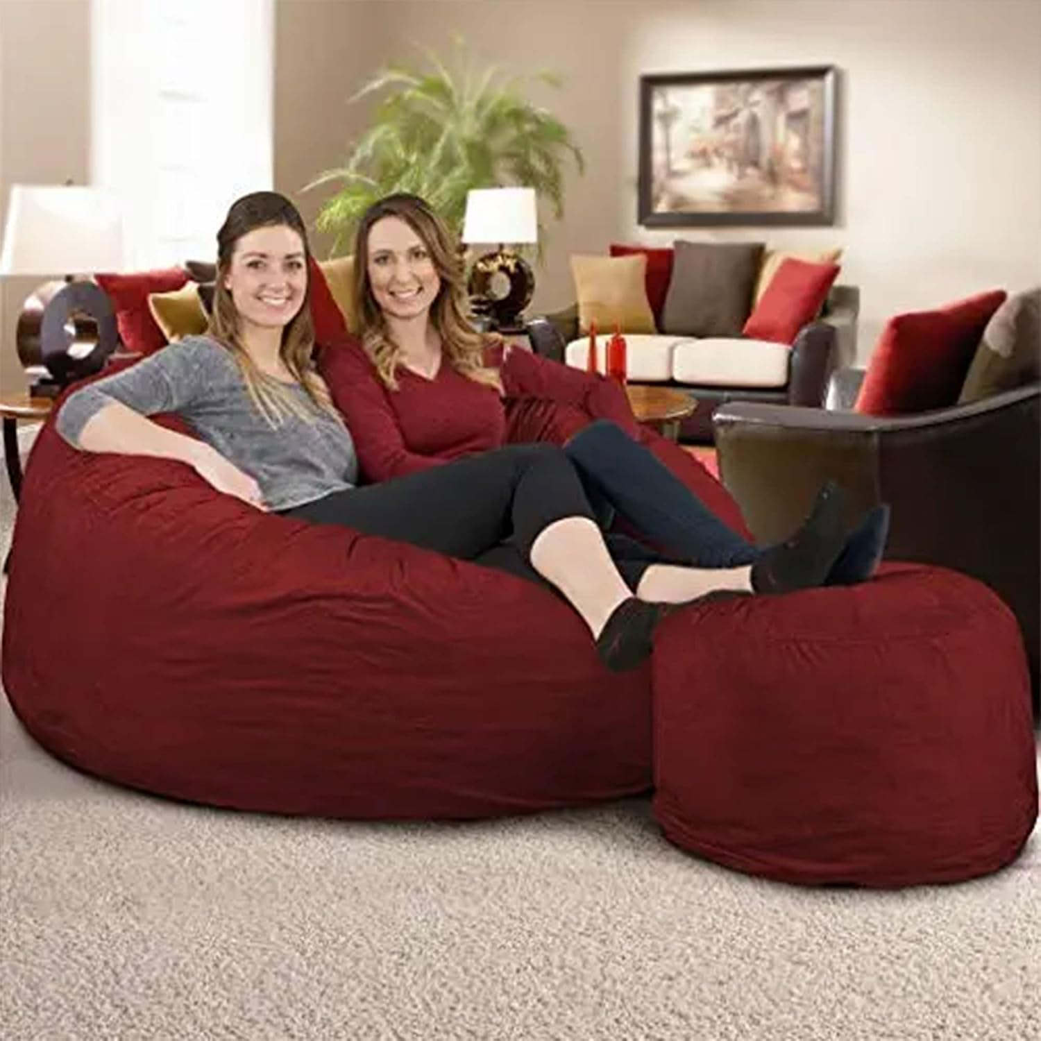 ULTIMATE SACK 5ft Bean Bag Chair & Footstool, Oversize Bean Bag Chair for Adults, Comfy Chair Bean Bag Couch Lounge Sofa Loveseat Furniture | Burgundy Suede