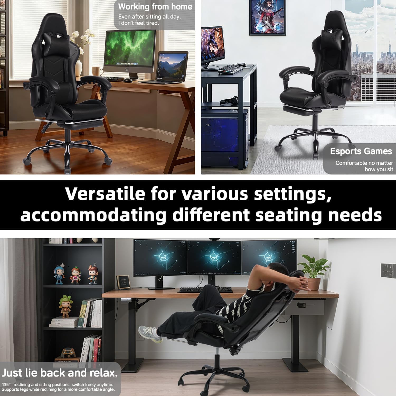 450lbs Big and Tall Gaming Chair with Footrest – Heavy Duty Wide Seat Video Game Chair for Adults, Reclining PU Leather High Back Computer Office Desk Chair with Lumbar Support (Model F, Black)