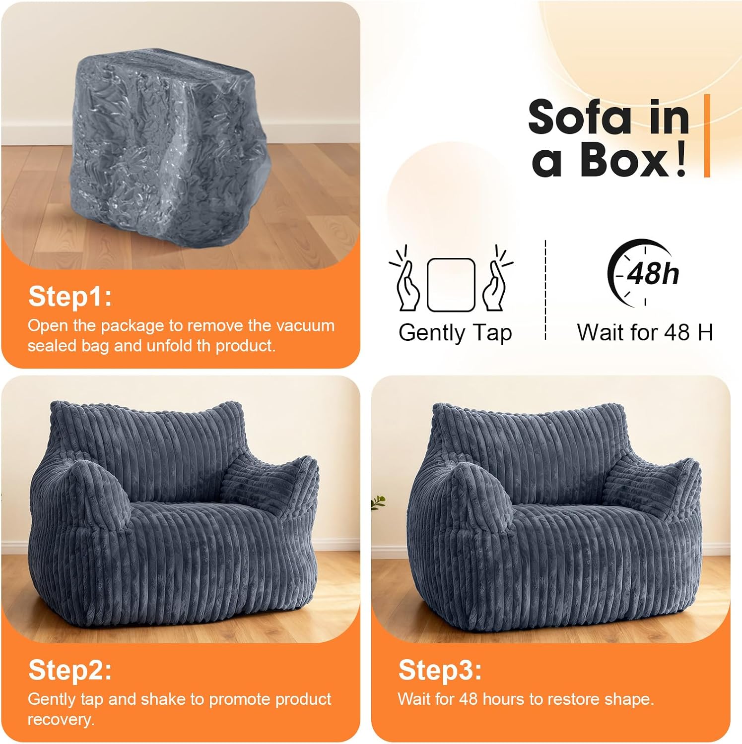 Giant Bean Bag Chair for Adults, Oversized Memory Foam Bean Bag Sofa with Armrests, Large Comfy Fluffy Single Lounges Mini Couch for Living Room, Bedroom & Dorm(Gray)