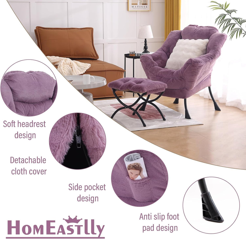 Lazy Chair with Ottoman, Large Purple Accent Chair with Ottoman and FA Throw Pillow, Comfy Plush Reading Chair for Living Room Bedroom Dorm Room Office Apartment Relaxing Use