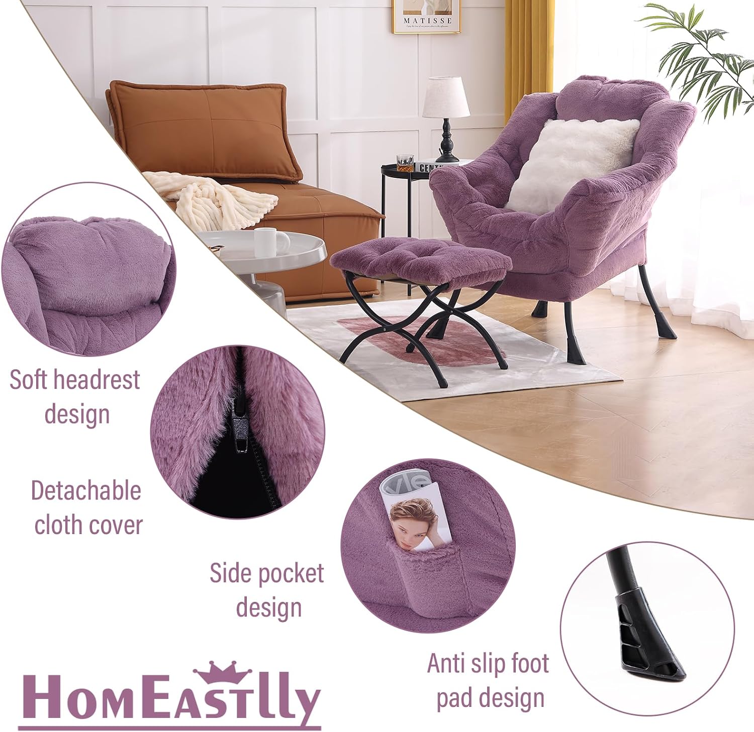 Lazy Chair with Ottoman, Large Purple Accent Chair with Ottoman and FA Throw Pillow, Comfy Plush Reading Chair for Living Room Bedroom Dorm Room Office Apartment Relaxing Use