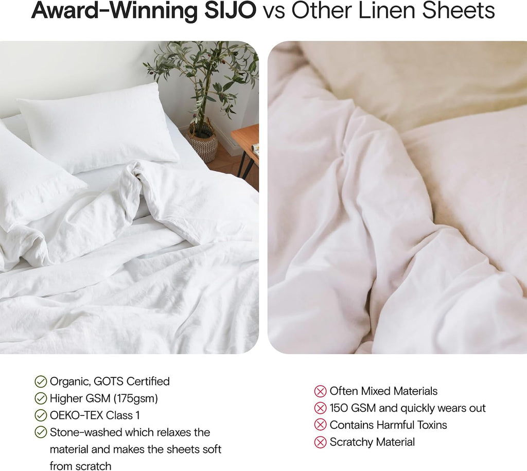 Sijo Stone Washed Organic French Linen Bed Sheet Set, GOTS Certified Organic, Best Cooling Linen Sheet Award by Sleep Foundation, 3 Piece - 2 Pillowcases and 1 Fitted Sheet (Snow, Cal King)