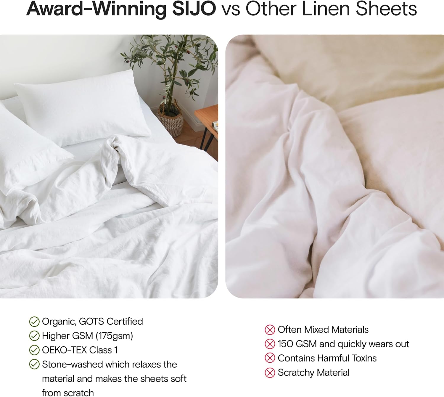 Sijo Stone Washed Organic French Linen Bed Sheet Set, GOTS Certified Organic, Best Cooling Linen Sheet Award by Sleep Foundation, 3 Piece - 2 Pillowcases and 1 Fitted Sheet (Snow, Cal King)
