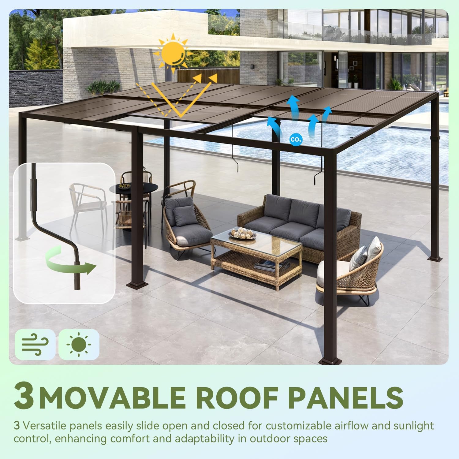 Gazebo 12x20 with Adjustable Polycarbonate Roofs, All Aluminum Frame Permanent Pergola for Patio, Outdoor Freestanding Shelter, Dark Brown