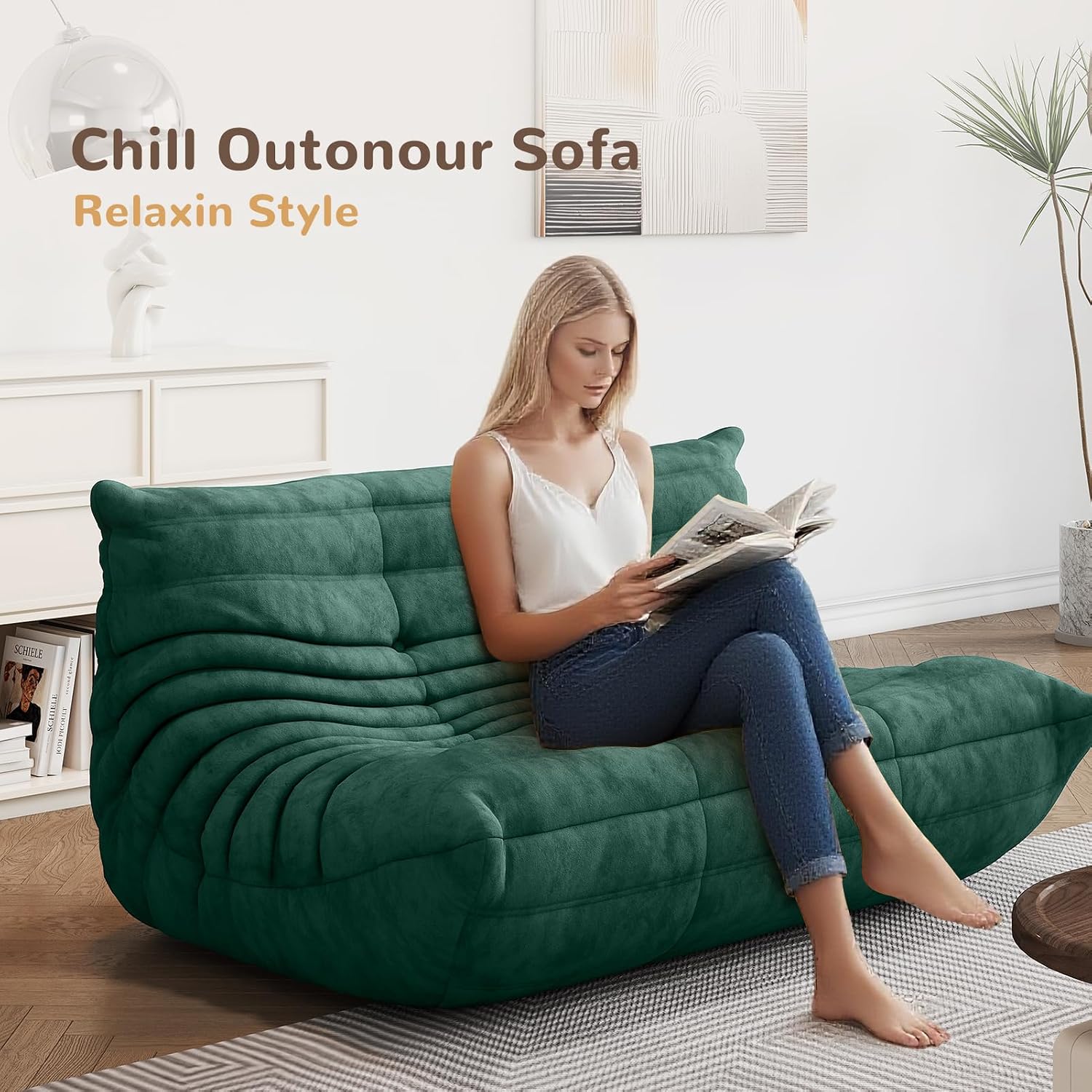 Bean Bag Chair - Corner Sofa, Fireside Chair Bean Bag Sofa Large Bean Bag Chair for Adults,Fireside Floor Couch for Living Room, Bedroom, Gaming (Yellow, Single) (Green, Loveseat)