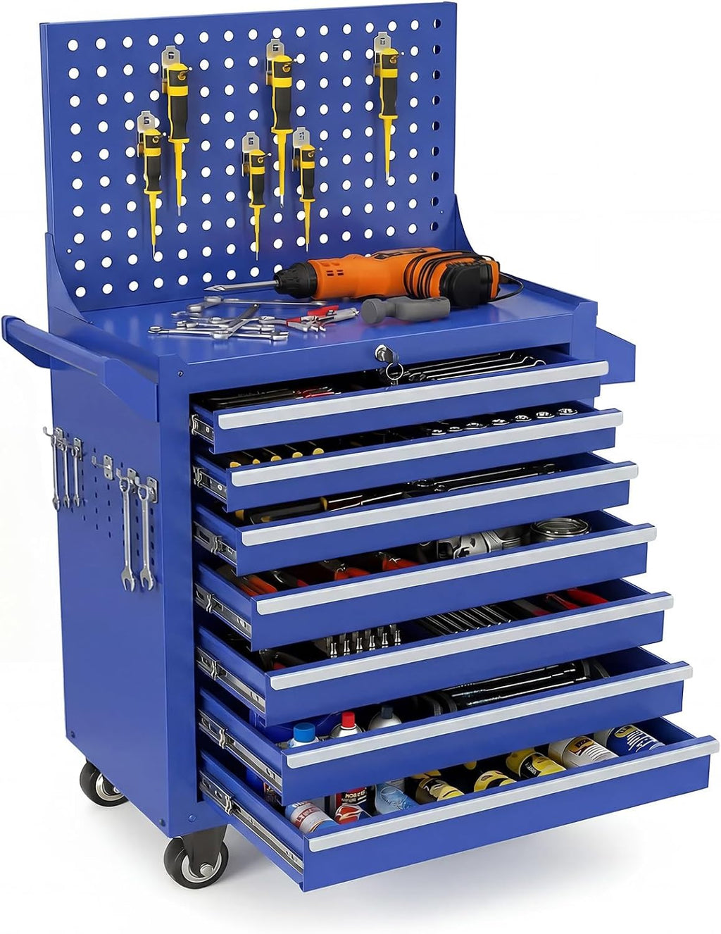 Rolling Tool Chest with Wheels, 7 Drawers Tool Storage Cabinet, Portable Metal Tool Box Organizer with Lock, Tool Cart on Wheels Toolbox Workbench for Garage, Workshop, Warehouse(Required Assembly)