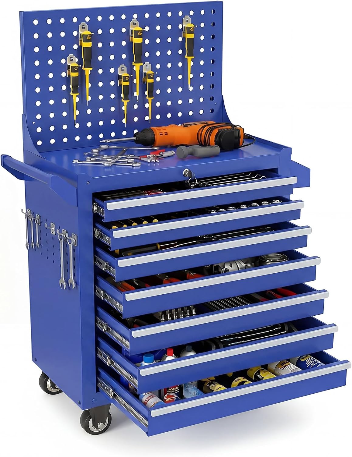 Rolling Tool Chest with Wheels, 7 Drawers Tool Storage Cabinet, Portable Metal Tool Box Organizer with Lock, Tool Cart on Wheels Toolbox Workbench for Garage, Workshop, Warehouse(Required Assembly)