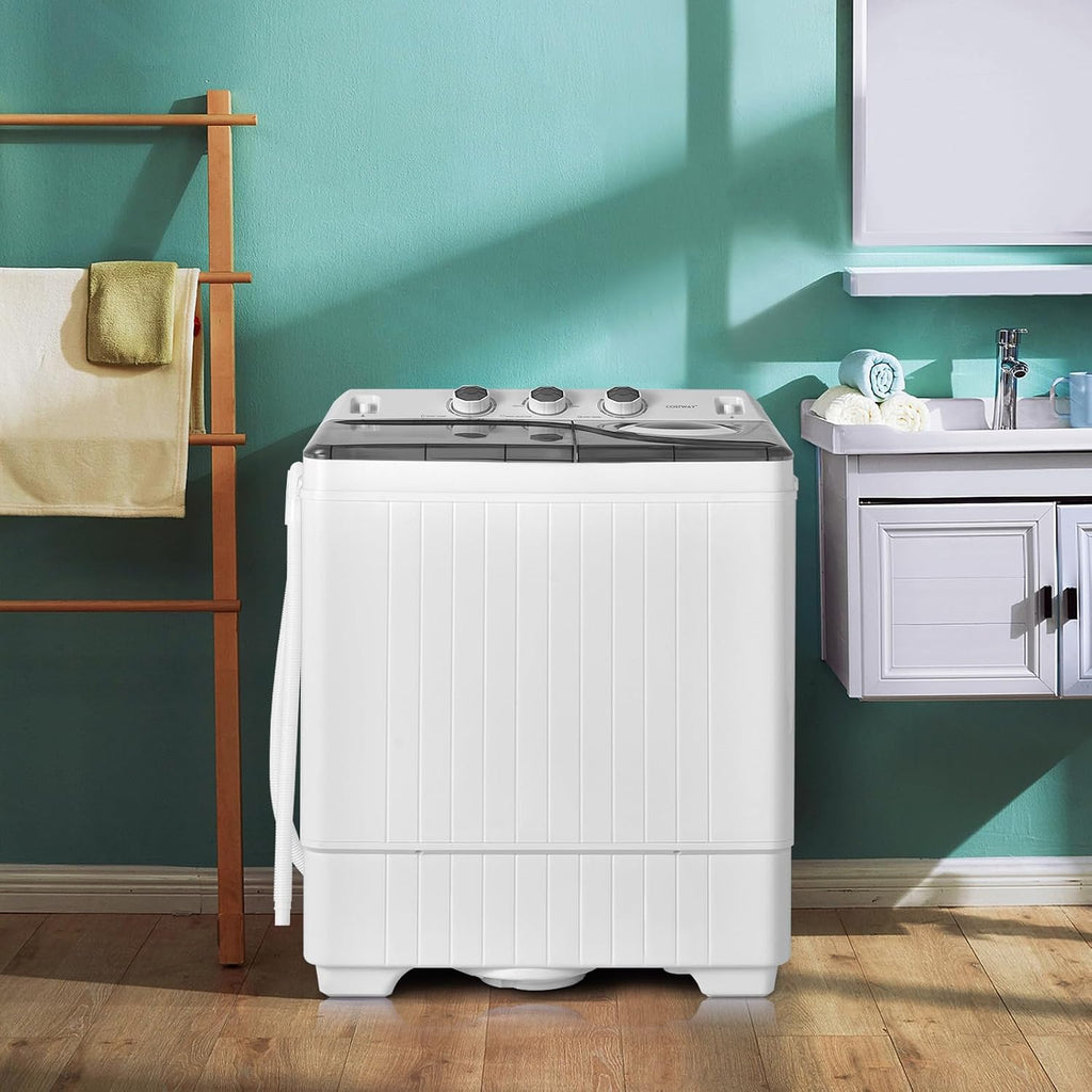 COSTWAY Portable Washing Machine, 2-in-1 Twin Tub 26lbs Capacity Laundry Washer(18lbs) and Spinner(8lbs) with Control Knobs, Timer Function, Drain Pump, Perfect for Home Apartment RV, Grey