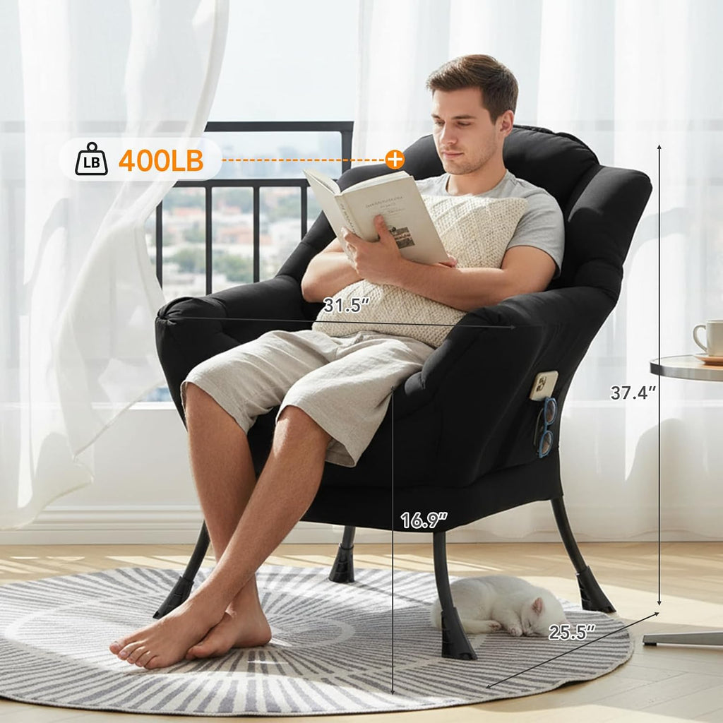 Lazy Chair for Living Room, Large Black Accent Chair with a Throw Pillow, Leisure Sofa Chair Set, Comfy Reading Chair for Bedroom, Dorm Room, Office