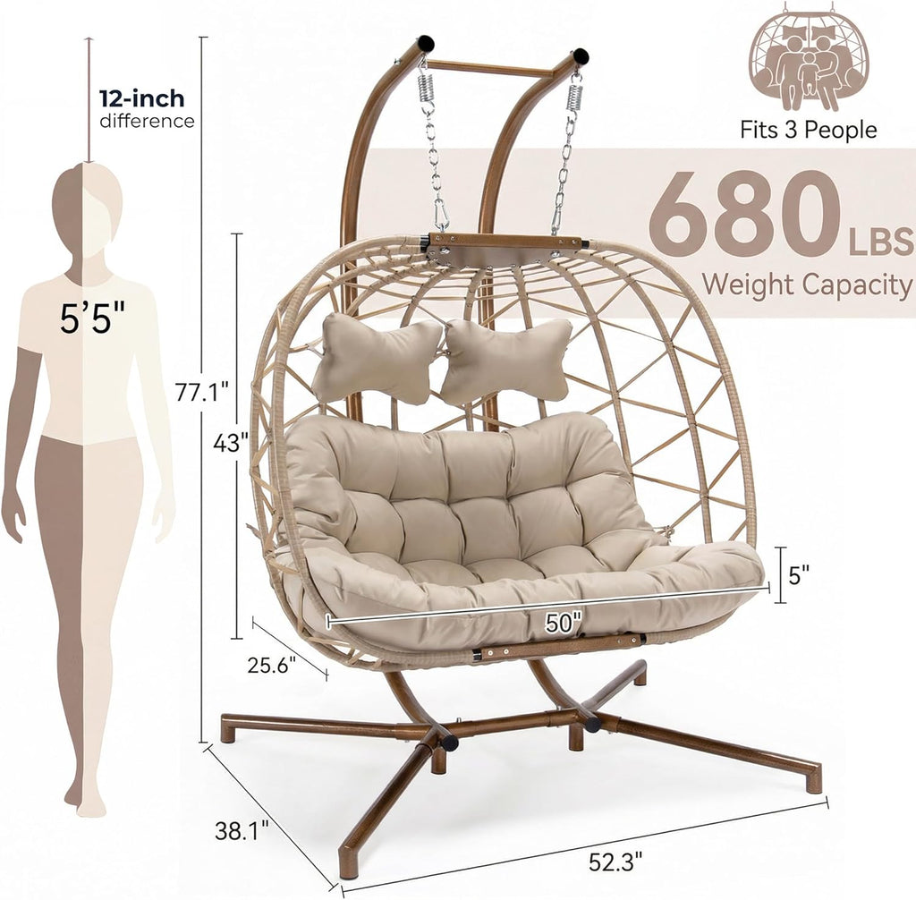 NICESOUL Double Egg Chair Outdoor Indoor, Oversized Swing w/Stand for 2, All-Weather Rattan Hanging Loveseat Comfy, Patio Swinging Seat w/Cushion & Cover for Living Room, Porch, Deck, Beige