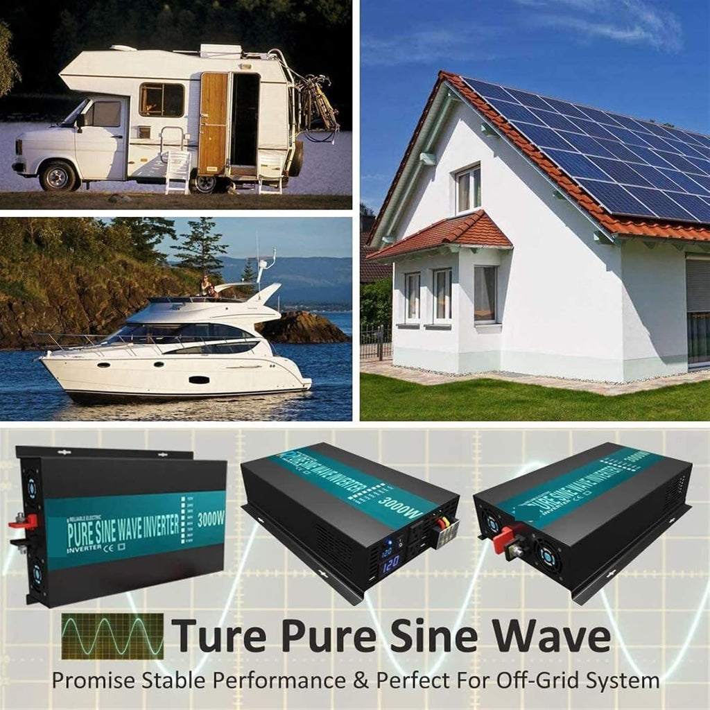 Car Inverter, Pure Sine Wave Inverter 3000W 24V DC to AC Solar Panel Inverter Power Bank Generator Converter 12V/36V/48V for RV, Truck(48V)