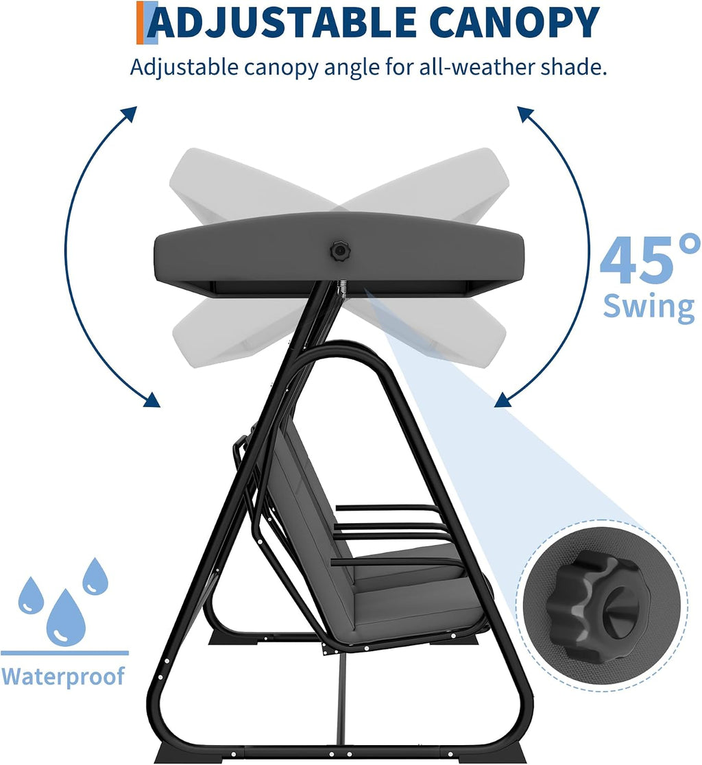 GarveeLife 2 Person Porch Swing Chair, Heavy Duty Outdoor Patio Swing Glider with Adjustable Canopy & Removable Cushions, Independent Swing Chairs for Garden, Balcony, Poolside, Backyard, Dark Grey