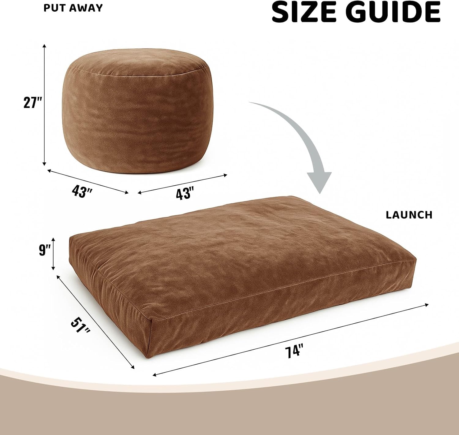 Adult Bean Bag Chair Bed, Bean Bag Sofa with Filling, Memory Foam, Comfortable Floor Sofa Bed, Boneless Floor Chair, Suitable for Living Room Bedroom Dormitory Balcony Lounge (Brown, Chair Bed)