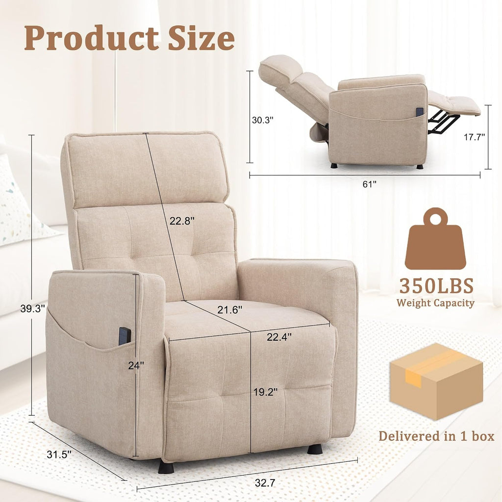 Korser Power Recliner Chair, Modern Electric Recliner Chairs for Adults, Comfy Recliners for Living Room, Cashmere Reclining Chair with Side Pockets & One-Touch Adjustment for Bedroom, Lounge, Khaki