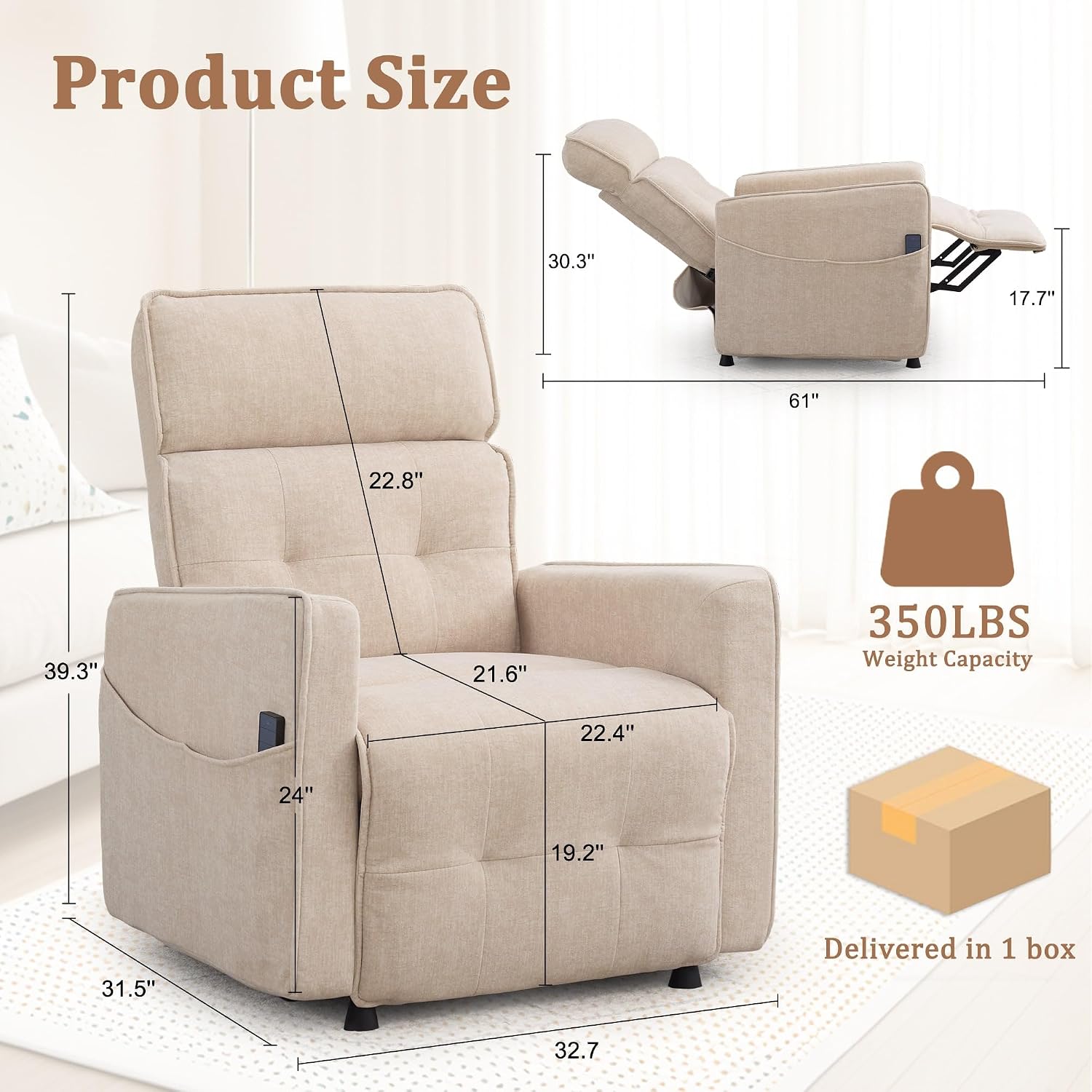 Korser Power Recliner Chair, Modern Electric Recliner Chairs for Adults, Comfy Recliners for Living Room, Cashmere Reclining Chair with Side Pockets & One-Touch Adjustment for Bedroom, Lounge, Khaki