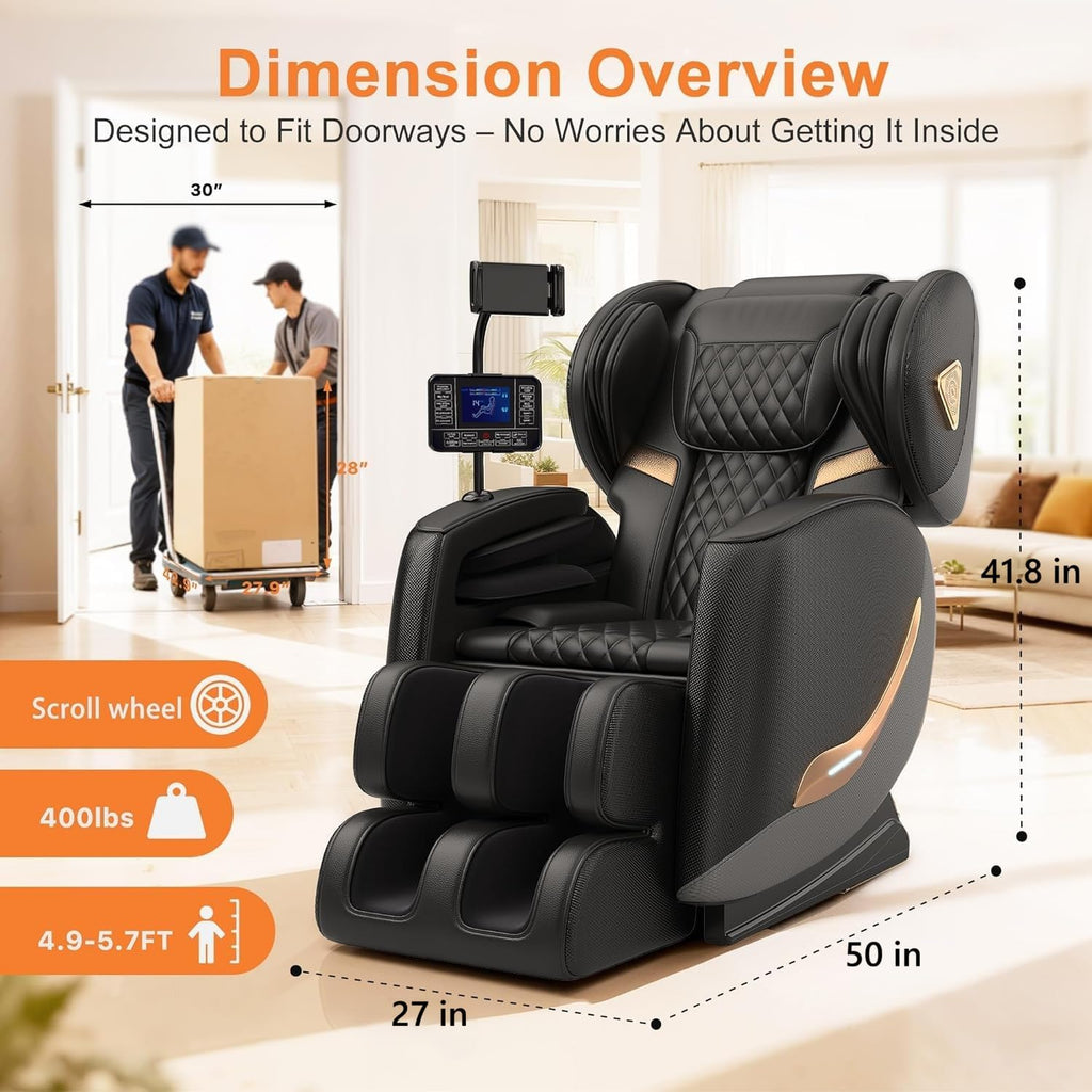 Massage Chair Full Body and Recliner, Zero Gravity Massage Chairs, 10 Fix Rollers, Airbags, Heating, Foot Massage, Auto Modes, Bluetooth Speaker and Touch Control Screen for Home and Office (Black)