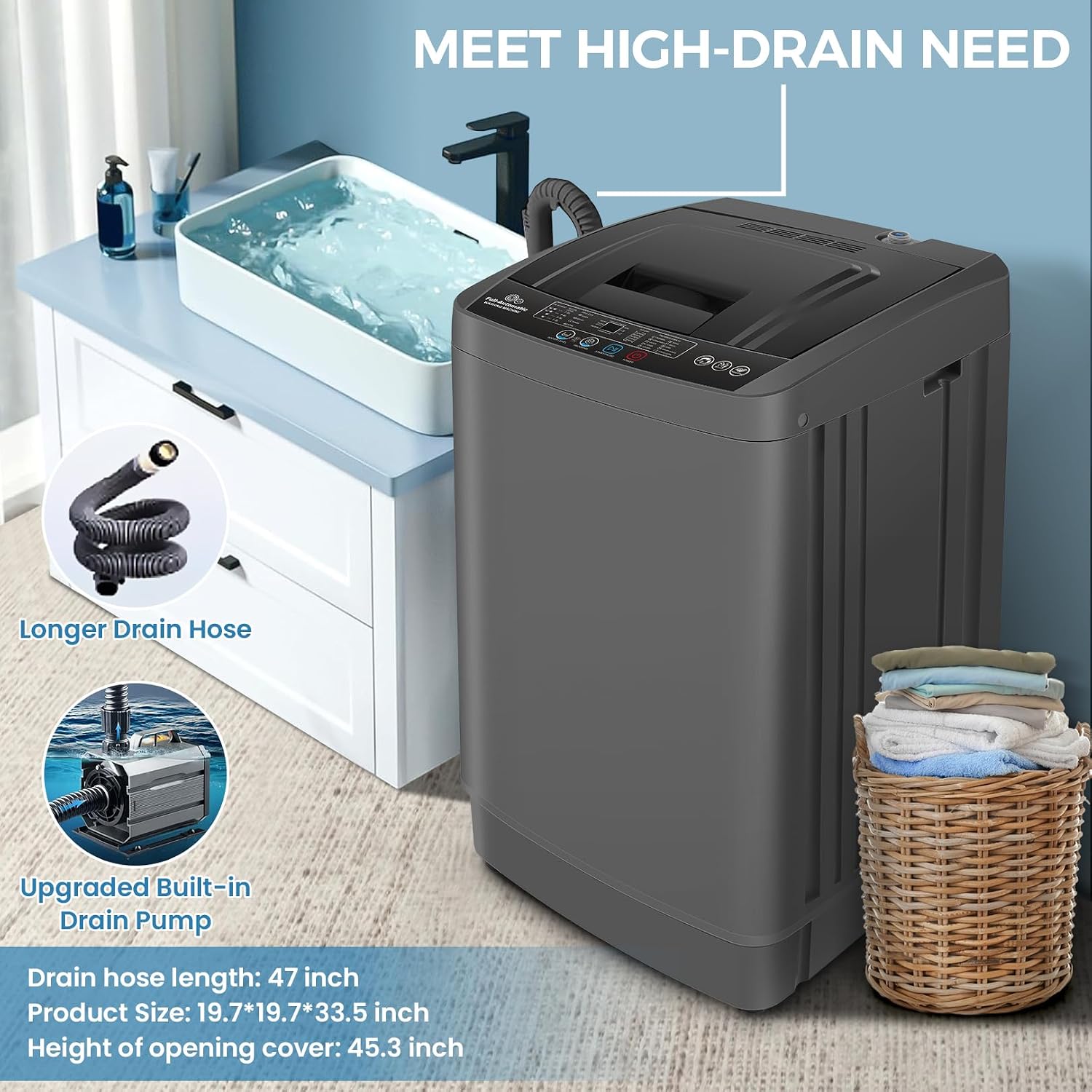 Nictemaw Portable Washing Machine 20Lbs Portable Washer Machine with 10 Programs 8 Water Levels, 2.8 Cu.ft Washer and Dryer Combo with Drain Pump, Compact Laundry Machine for Apartment, Home, Rv