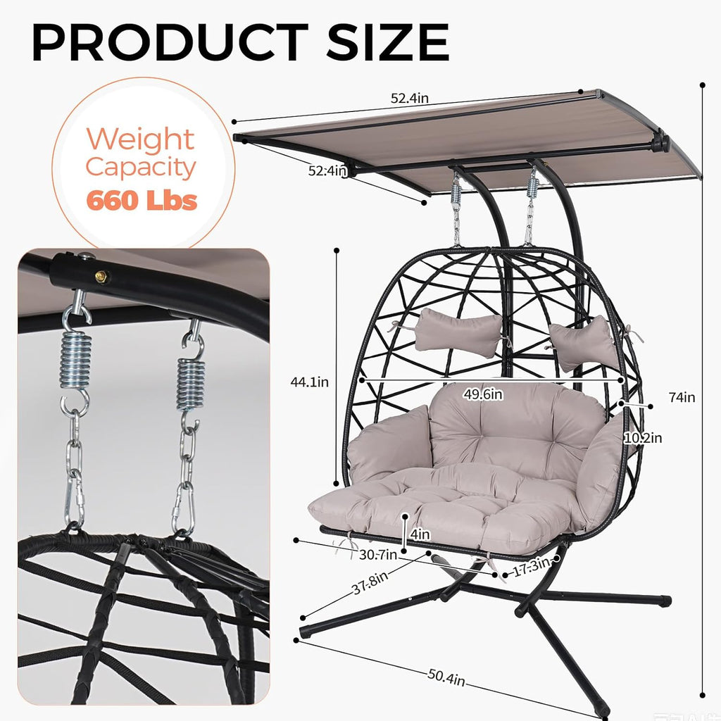 Double Egg Chair Outdoor with Stand & Canopy, 2 Person Hanging Egg Chair with Footrest, Oversized Rattan Wicker Egg Swing Chair with Lights for Bedroom Garden, 660Lbs, Black-Light Gray
