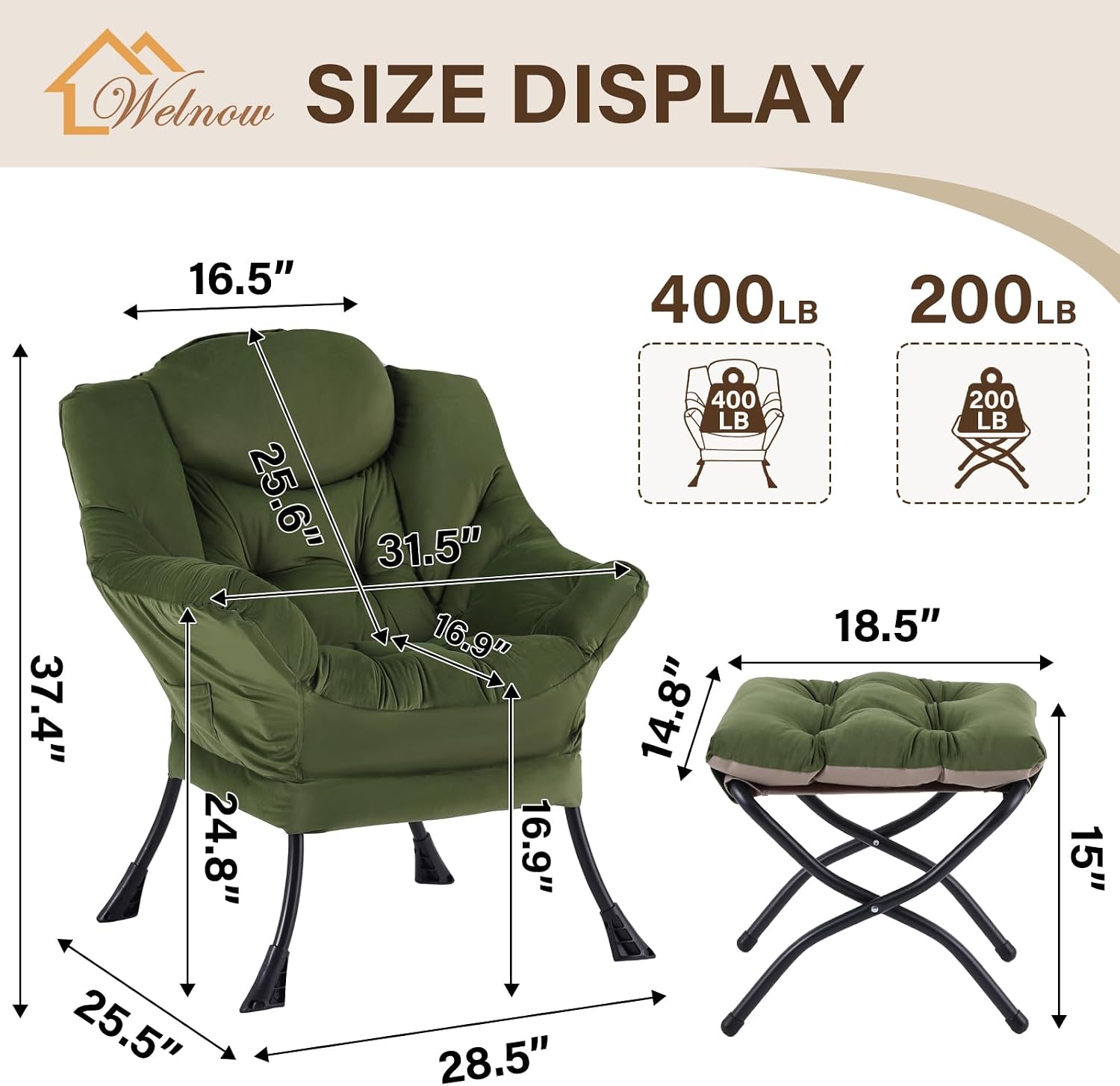 Welnow Lazy Chair with Ottoman, Modern Reading Accent Chair with Armrests and a Side Pocket, Leisure Upholstered Lazy Sofa Set with Footrest for Small Space, Army Green