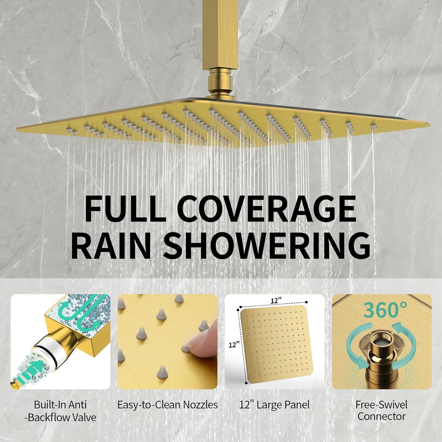 SR SUN RISE 12 Inch Ceiling Mounted Shower System Rain Mixer Shower Combo Set Rainfall Shower Head System Brushed Gold Shower Faucet Trim Repair Kits with Shower Rough-in Valve Body and Trim