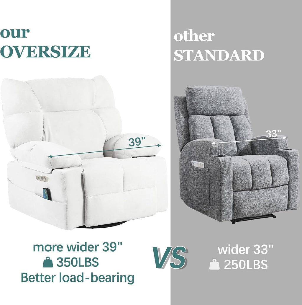 Power Swivel Rocker Recliner Chair Oversized for Adults, Electric Heated & Massage Chair Recliner with USB/Type-C, Fabric Nursery Recliner for Living Room,Bedroom, White