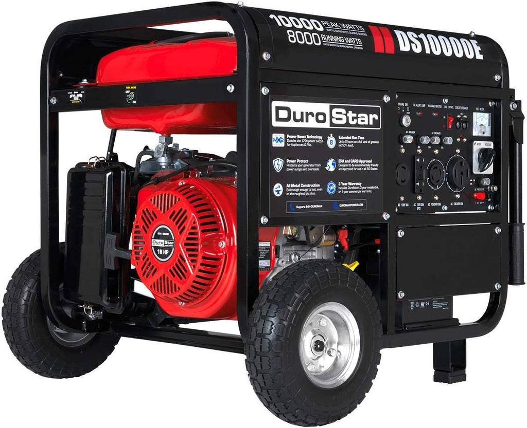 DuroStar DS10000E Gas Powered Portable Generator-10000 Watt Electric Start-Home Back Up & RV Ready, 50 State Approved, Red/Black