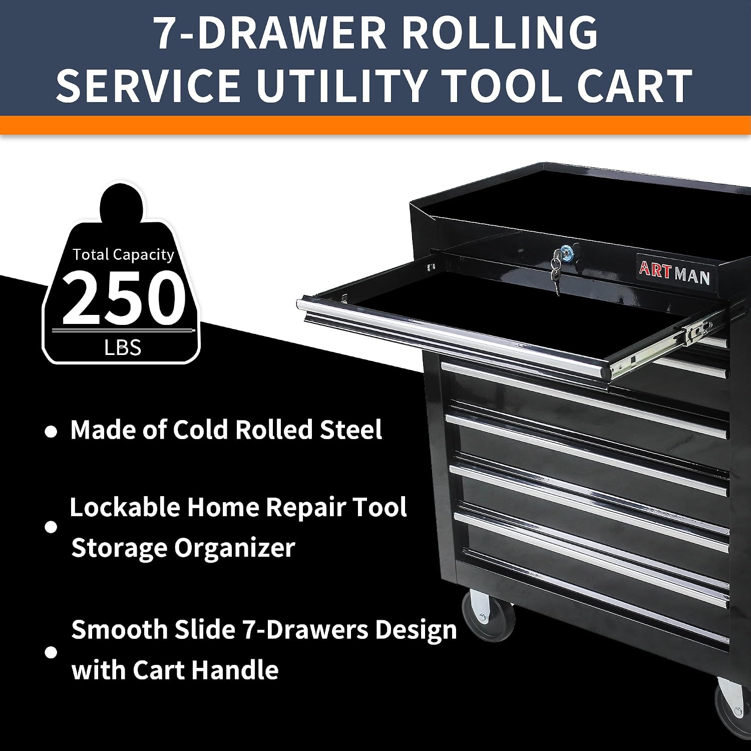 7-Drawer Rolling Tool Cart, Tool Box on Wheels,Lockable Home Repair Tool Storage Organizer, Tool Chest Cabinet for Mechanic, Garage