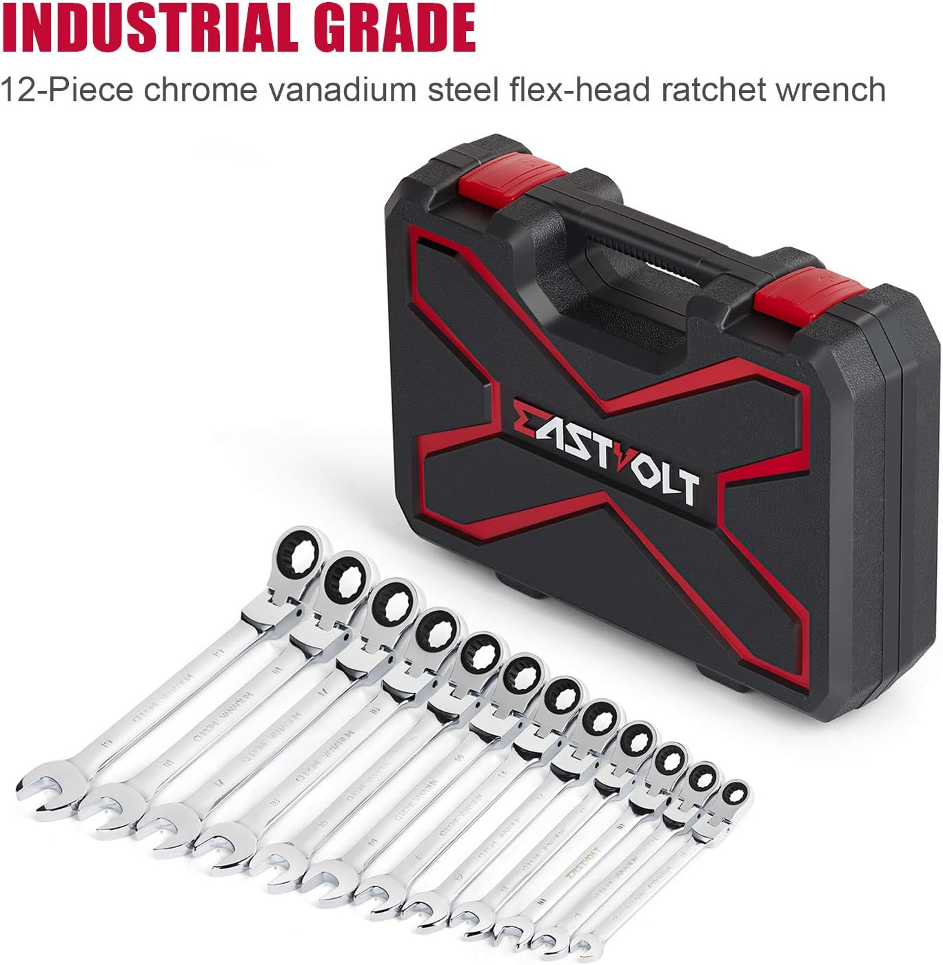 Eastvolt 12-Piece Flex-Head Ratcheting Wrench Set, Metric 8mm-19mm, Combination Ended Spanner kits, Chrome Vanadium Steel with Toolbox, EVHT1201 (Pack of 5)