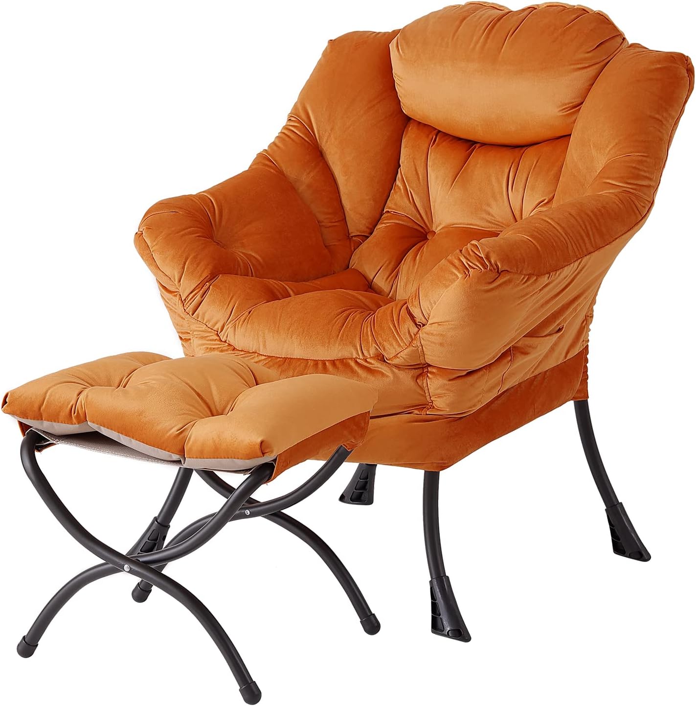 Welnow Orange Lazy Chair with Ottoman, Modern Accent Chair with Armrests and a Side Pocket, Leisure Sofa Armchair, Reading Armchair with Footrest for Small Space, Corner Chair