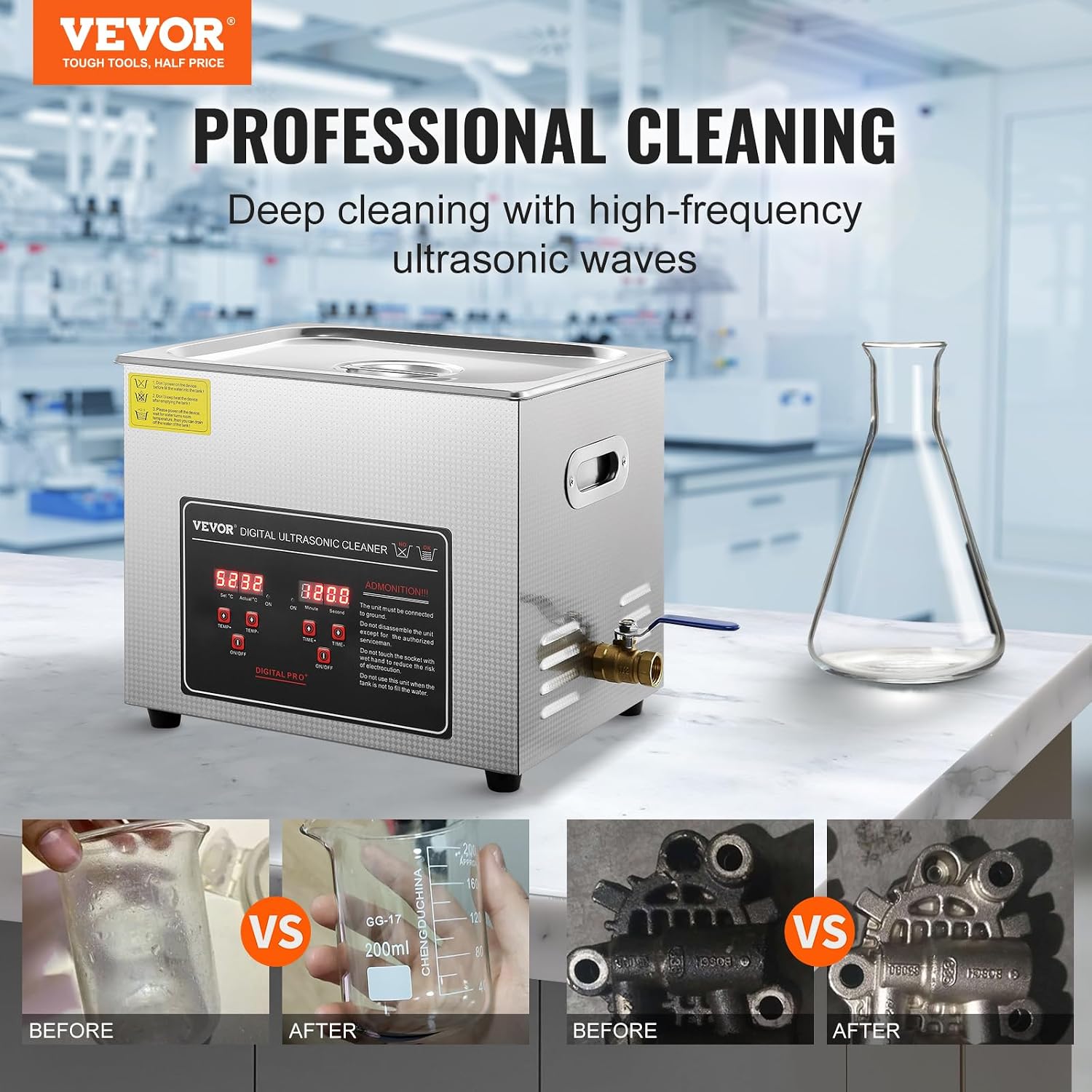 VEVOR Ultrasonic Cleaning with Digital Timer & Heater, Professional Ultra Sonic Jewelry Cleaner, Stainless Steel Heated Cleaning Machine for Glasses Watch Rings Small Parts Circuit Board (10L)