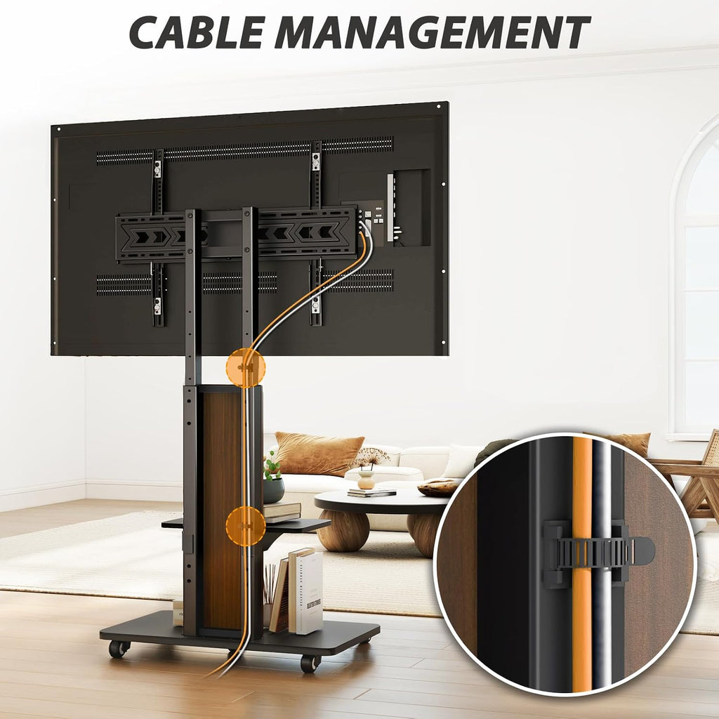 TVON Heavy Duty Rolling TV Stand for 55-90 inch Large TVs up to 150 lbs, Mobile TV Cart with Height Adjustable Mount and Large Storage Shelf, Tall TV Stand with Wooden Base, Black and Walnut
