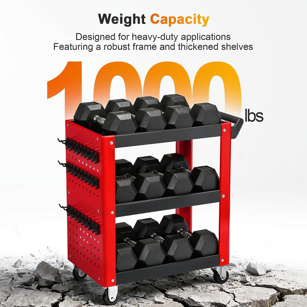 3 Tier Rolling Tool Cart on Wheels, Mechanic Storage Organizer, Rolling Work Cart with Pegboard for Garage, Workshop, Warehouse (Red and Black)