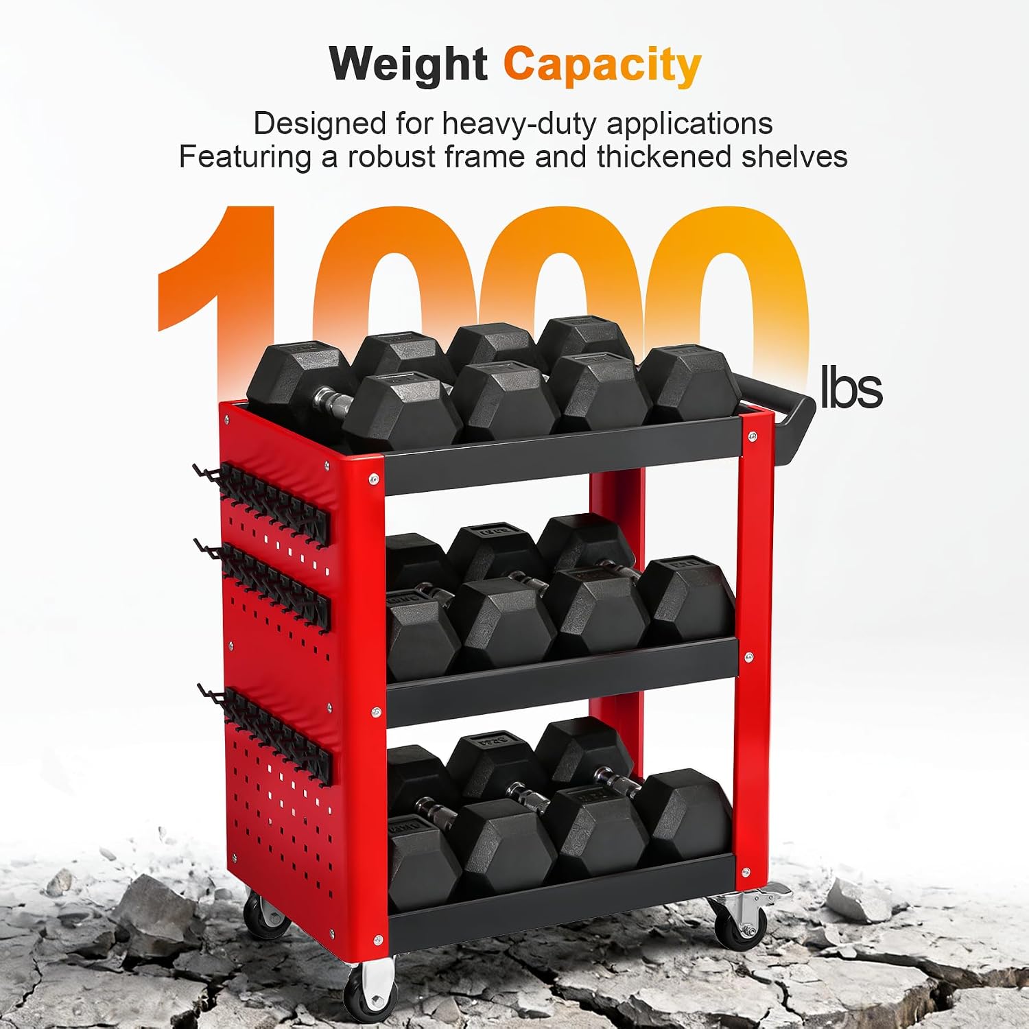 3 Tier Rolling Tool Cart on Wheels, Mechanic Storage Organizer, Rolling Work Cart with Pegboard for Garage, Workshop, Warehouse (Red and Black)