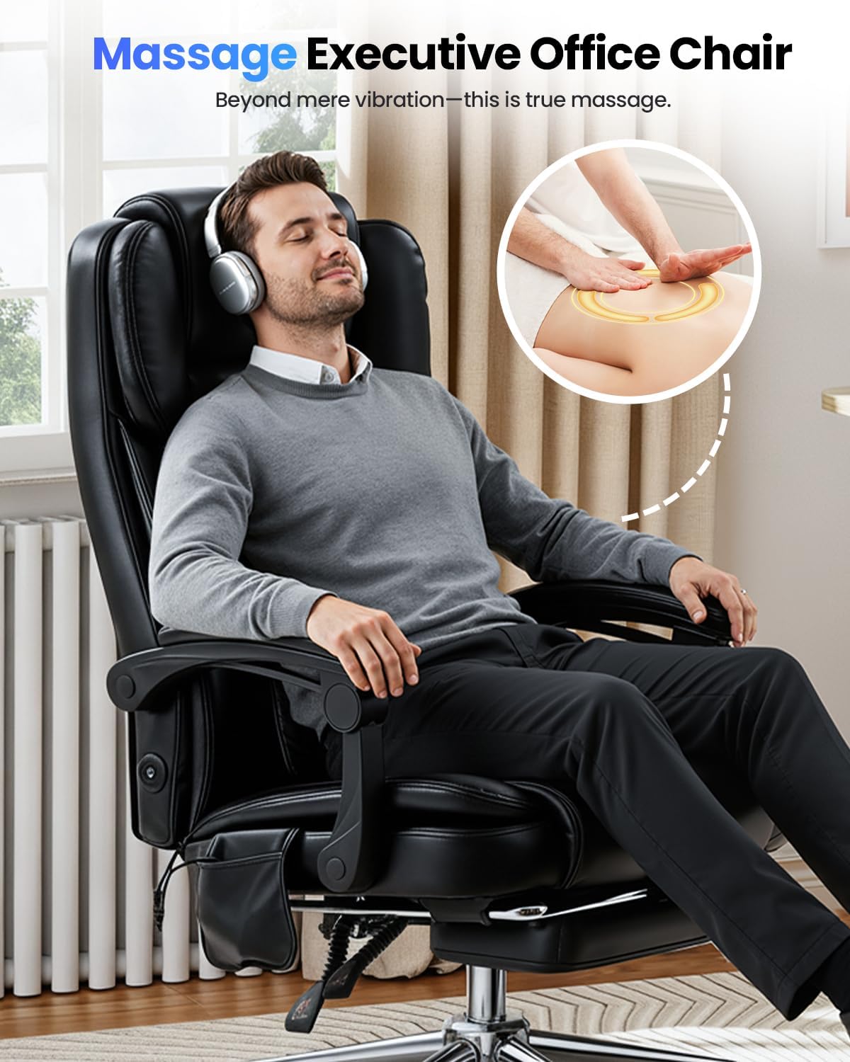 500LBS Big and Tall Office Chair with 3D Kneading Massage Lumbar Support, Office Chairs for Back Pain Relief, Ergonomic Comfort 130° Reclining Desk Chairs Managerial Chairs for Heavy People