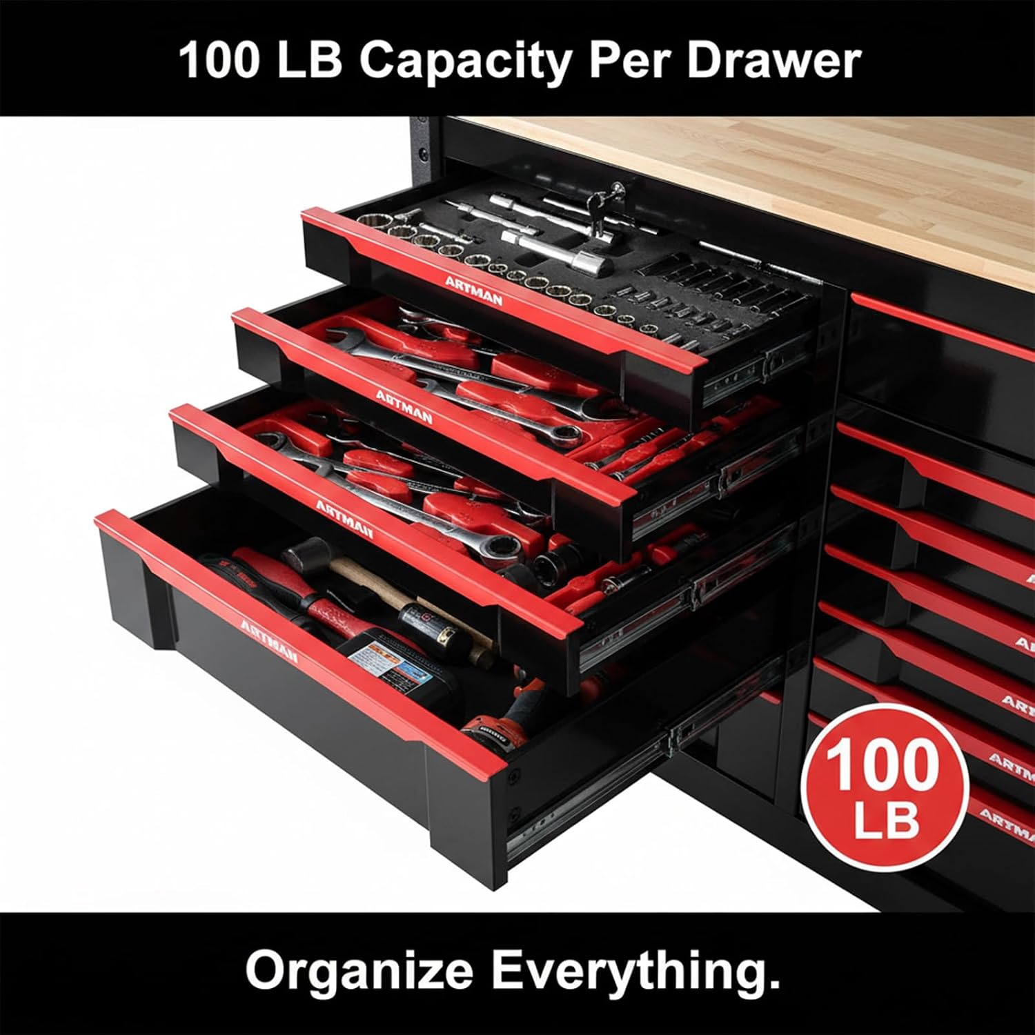 72 Inch Tool Box, Rolling Tool Chest Workbench with 19-Drawers & Locking Cabinets, Heavy-Duty Mobile Workbench with Wood Top, Pro Garage Organization Cabinets & Storage System