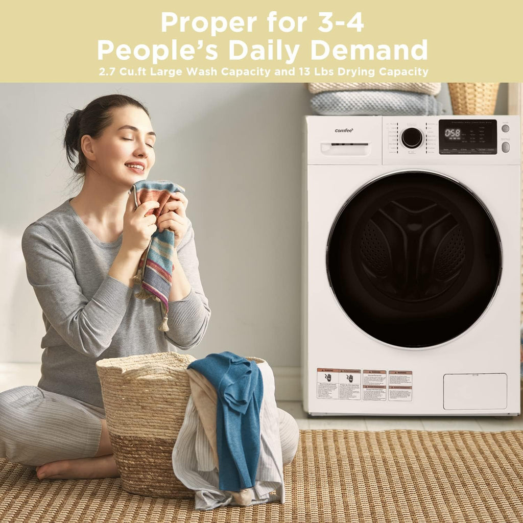 COMFEE' 24' Washer and Dryer Combo 2.7 cu.ft 26lbs Washing Machine Steam Care, Overnight Dry, No Shaking Front Load Full-Automatic Machine, Dorm White