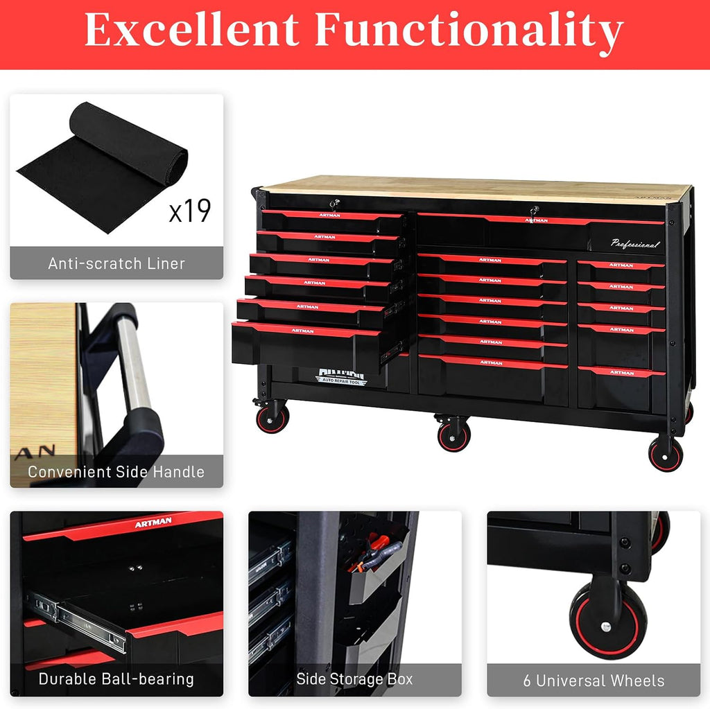 66' Rolling Tool Chest with 19 Drawers Large Mobile Workbench Heavy Duty Tool Cart on Wheels Work Bench Mechanic Toolbox Lockable Storage Cabinet for Garage, Workshop, Warehouse, Laboratory, Wood Top