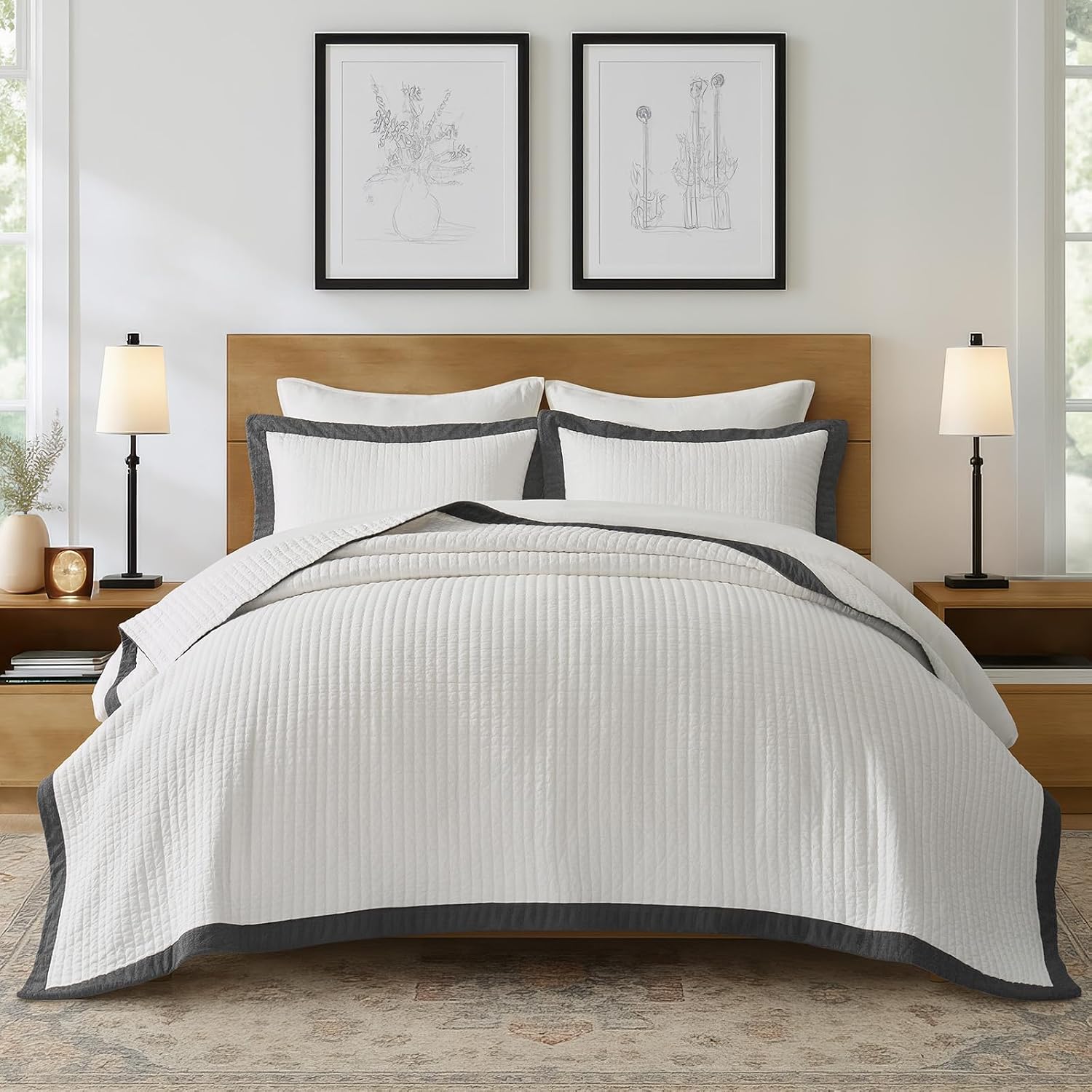 EVERGRACE Cotton Border Frame Tack-Stitch Quilt Bedding Set King Size, Coastal Oversized 3 Pieces Lightweight Bedspread Coverlet for All Season, with 2 Matching Shams, Washed Black