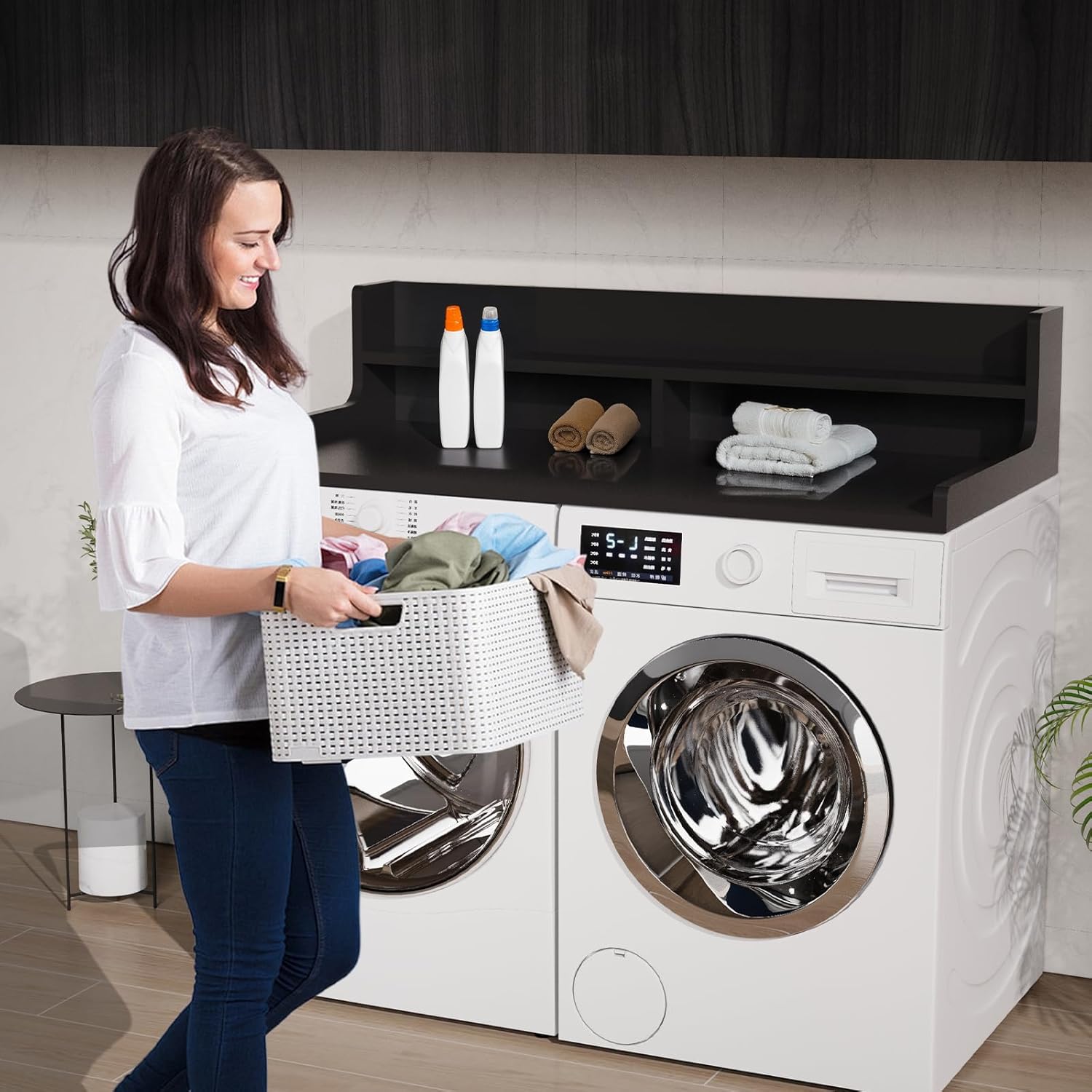 2-Tier Washer Dryer Countertop 54' x 27.55' Washer Dryer Topper for Laundry Room Organization, Large Countertop Cover with Non-Slip Pad Black
