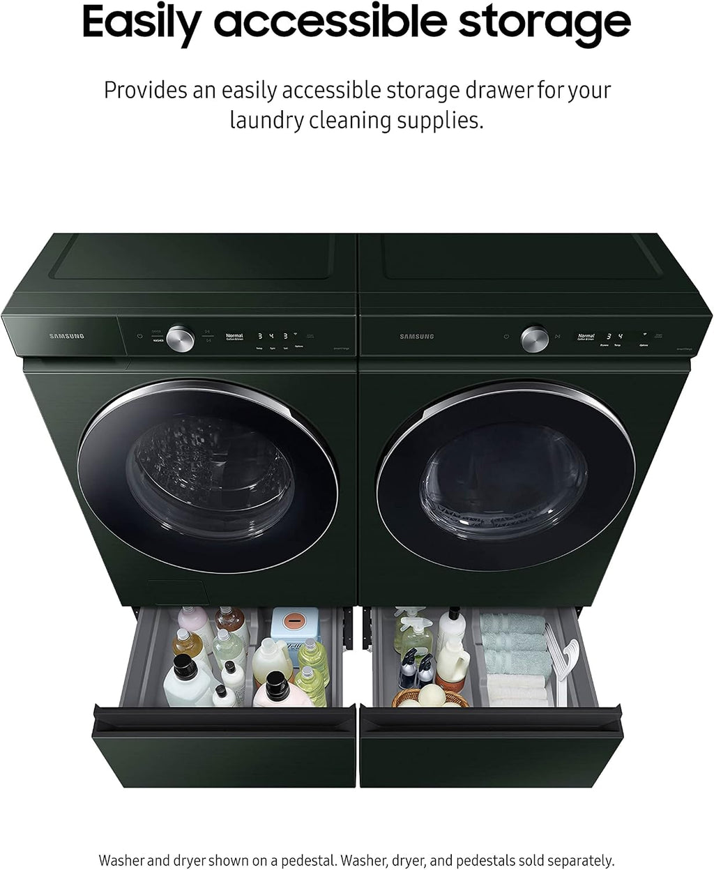 SAMSUNG 27-Inch Bespoke Front Load Washer Dryer Pedestal Stand w/ Pull Out Laundry Storage Drawer, WE502NG, Forest Green