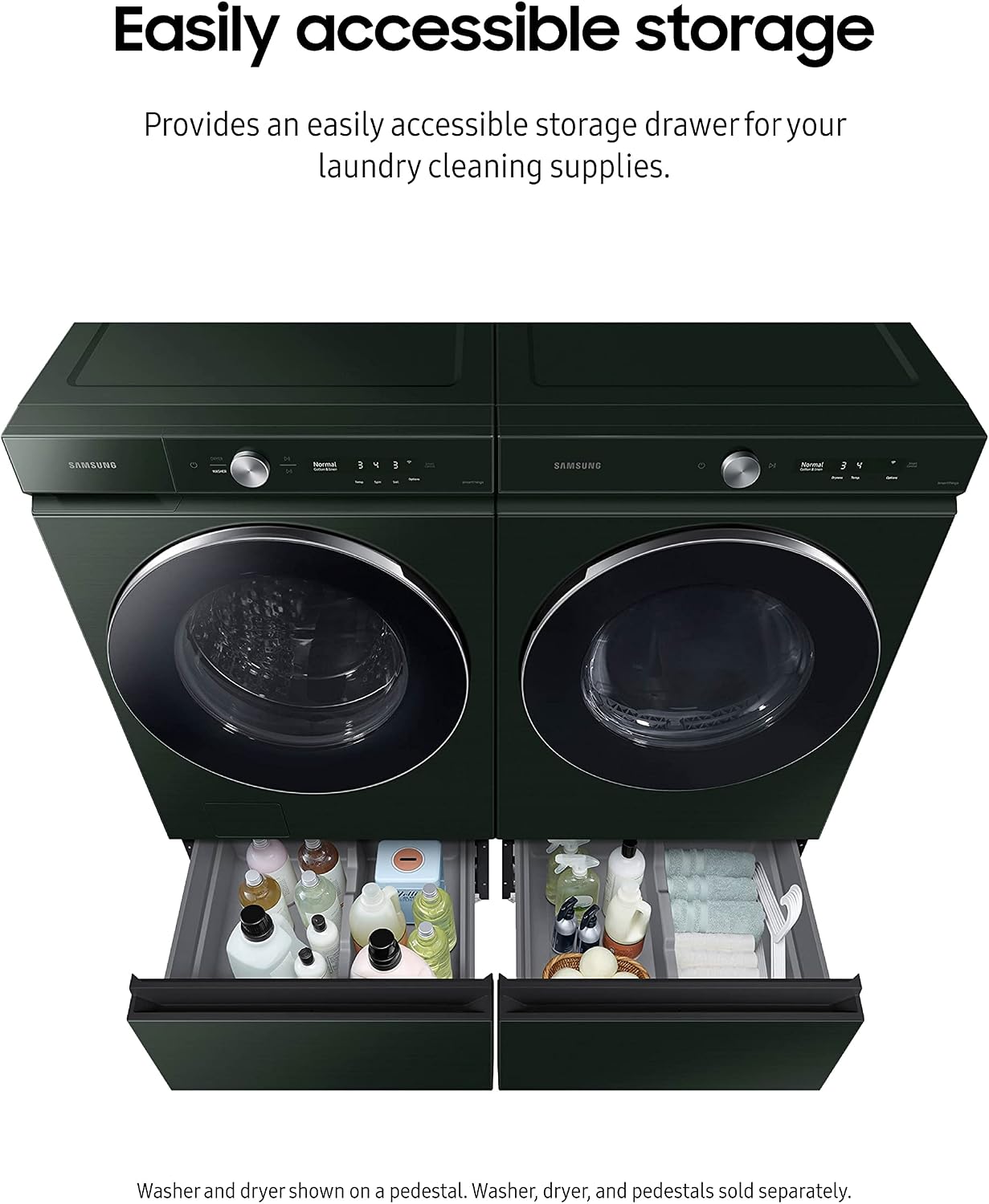 SAMSUNG 27-Inch Bespoke Front Load Washer Dryer Pedestal Stand w/ Pull Out Laundry Storage Drawer, WE502NG, Forest Green