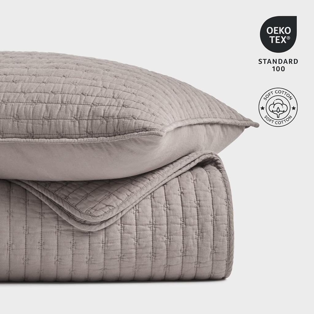 EVERGRACE Cross Stitch Pre-Washed Cotton Quilt Bedding Set Queen Size, Oversized 3 Pieces Lightweight Bedspread Coverlet for All Season, with 2 Matching Shams, Taupe, 92'x96'