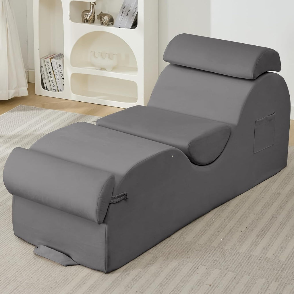 ijuicy 25 Inch Yoga Stretching Chair, Soft Velvet Household Workout Training Chair, Indoor Leisure Lounge Chair with Headrest and Movable Footrest for Body Stretching & Daily Relaxation, Light Grey