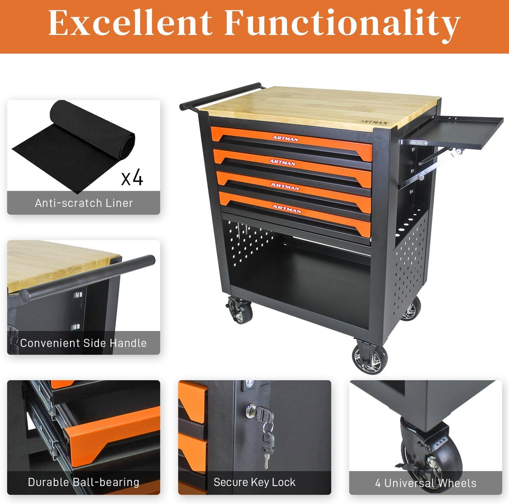 Rolling Tool Cart with 4-Drawer Wood Top Utility Tool Chest on Wheels Mechanic Tool Storage Organizer Cabinet for Garage, Warehouse, Workshop, Repair Shop (Orange)