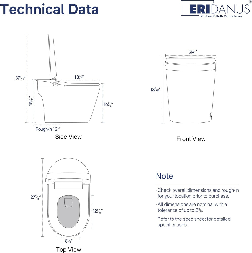 Smart Toilet, Eridanus One Piece Bidet Toilet for Bathroom, Toilet with Heated Bidet Seat, Adjustable Warm Water Wash & Dryer, Foot Sensor Flush, Tankless Toilet with LED Display, White & Gray