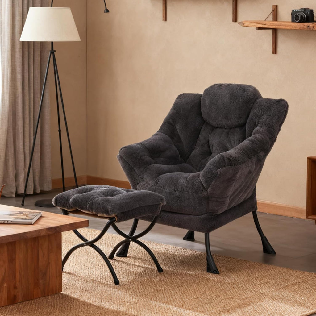Welnow Lazy Chair with Ottoman, Modern Accent Chair with Armrests and a Side Pocket, Leisure Sofa Armchair, Reading Armchair with Footrest for Small Space, Plush Navy