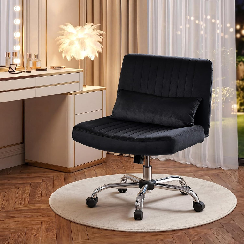 Warmiehomy Criss Cross Chair, Luxury Velvet Cross Legged Chairs, Office Chair for Home Office, Desk Chair with Height Adjustable, Wide Seat Computer Chair, Comfy Vanity Chair Gift, Classic Black