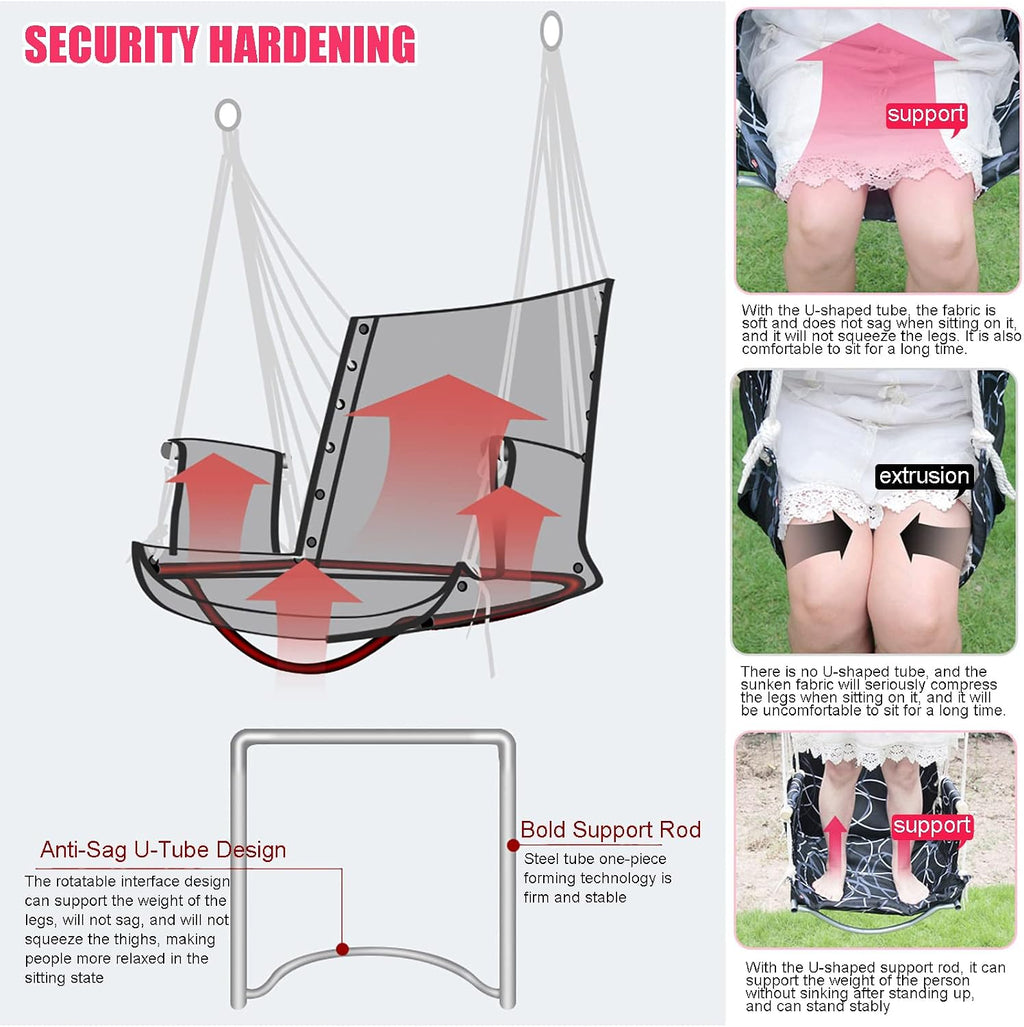 Hammock Chair Swing Hanging Rope Swing Chair with 2 Seat Cushions Soft Max 330 Lbs Handmade Hanging Chair for Bedroom Patio Yard Garden Outdoor Indoor (C)