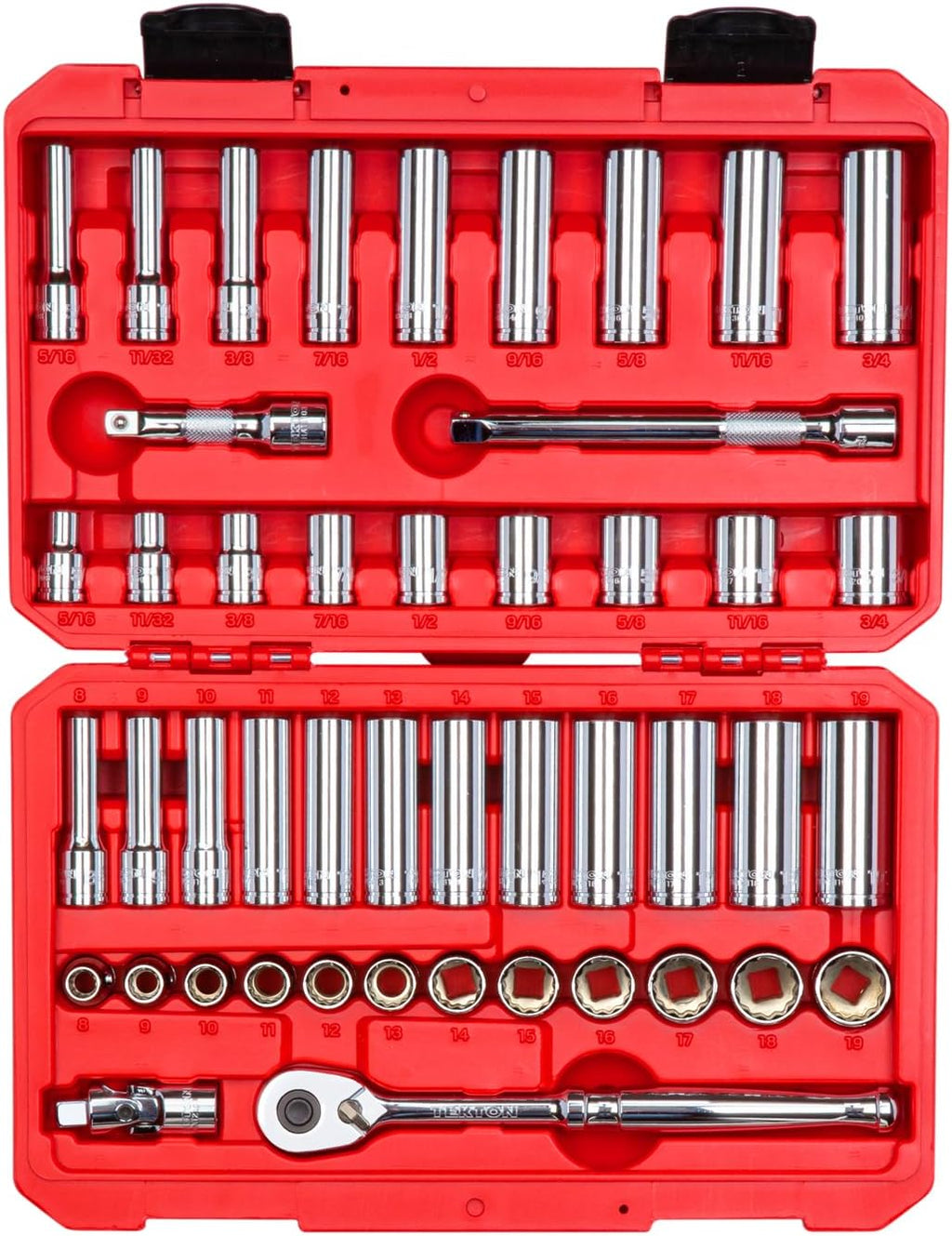 TEKTON 3/8 Inch Drive Shallow and Deep 12-Point Socket and Ratchet Set with Case, 46-Piece (5/16-3/4 in., 8-19 mm) | SKT15302