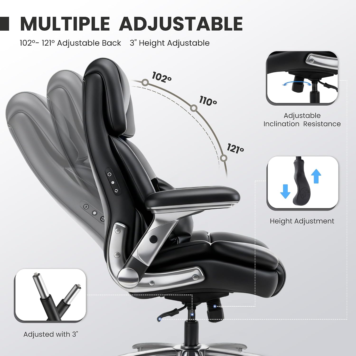 750lbs Heavy Duty Desk Chair with 3D Kneading Massage, Big and Tall Office Chairs with Ergonomic Support, 3D Armrests, 5 Quiet Dual Rubber Wheel, Thick Pocket Spring Cushion(Black, PU)
